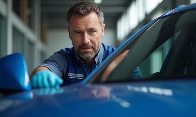 Ein professioneller Fahrzeugpflegeexperte inspiziert ein Fahrzeug.