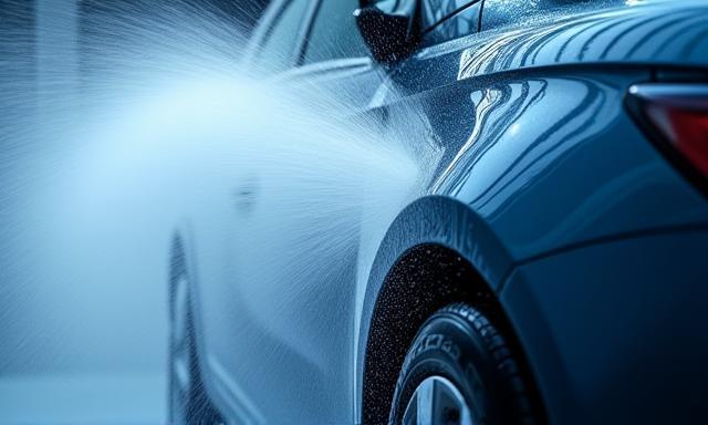 Ein Hochdruckwasserstrahl reinigt das Äussere eines Autos.
