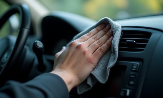 Ein Profi reinigt das Armaturenbrett eines Autos.