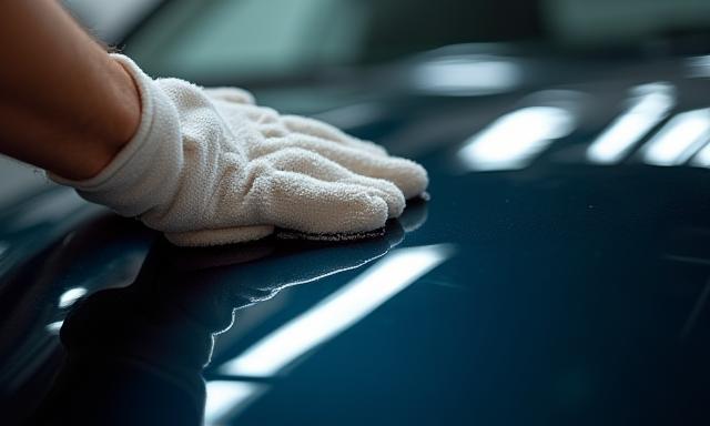 Eine Hand poliert die glänzende Motorhaube eines Autos.